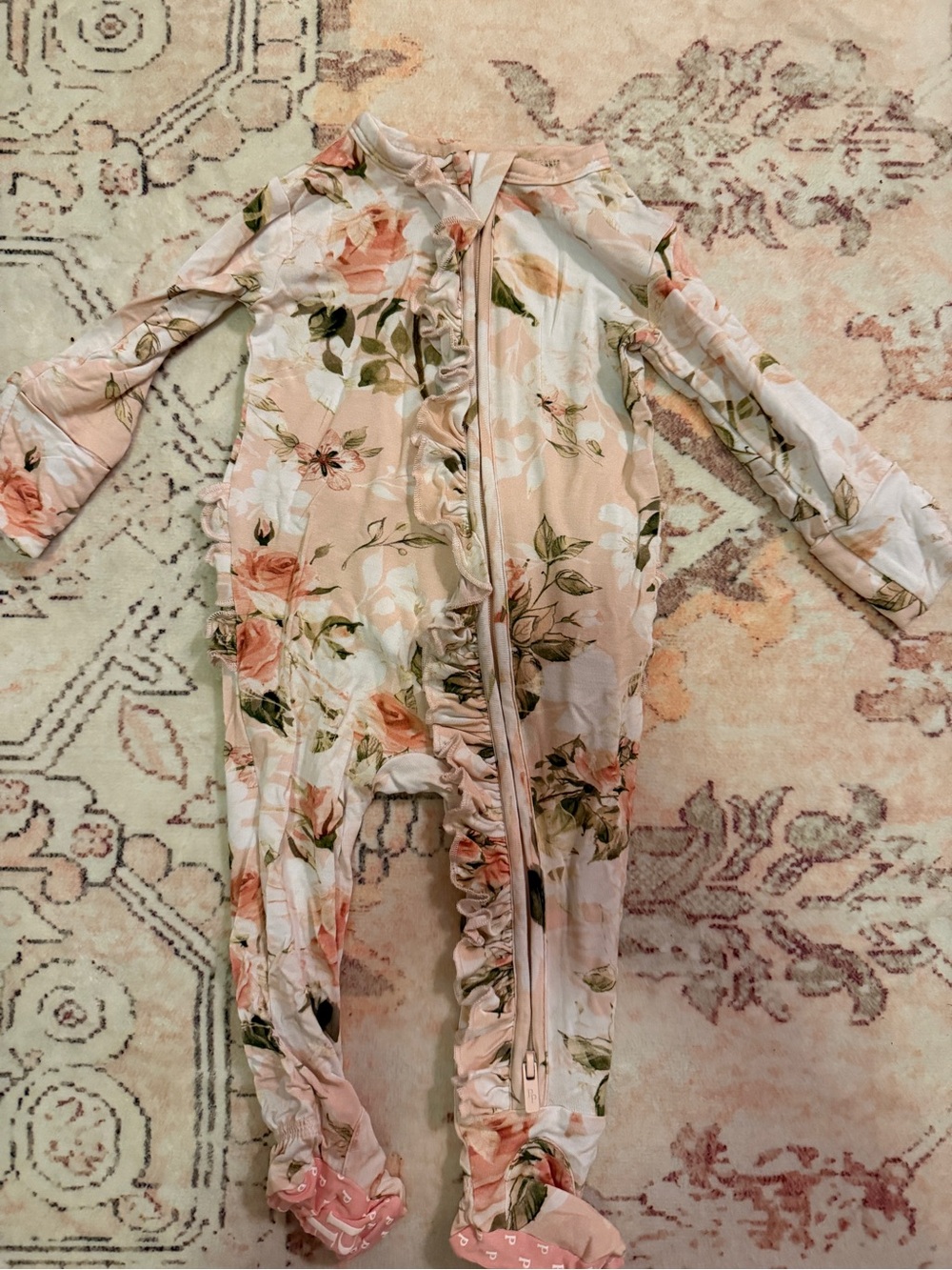 Posh Peanut Footie Ruffled Zippered Onesie (0-3 months) Vintage Rose